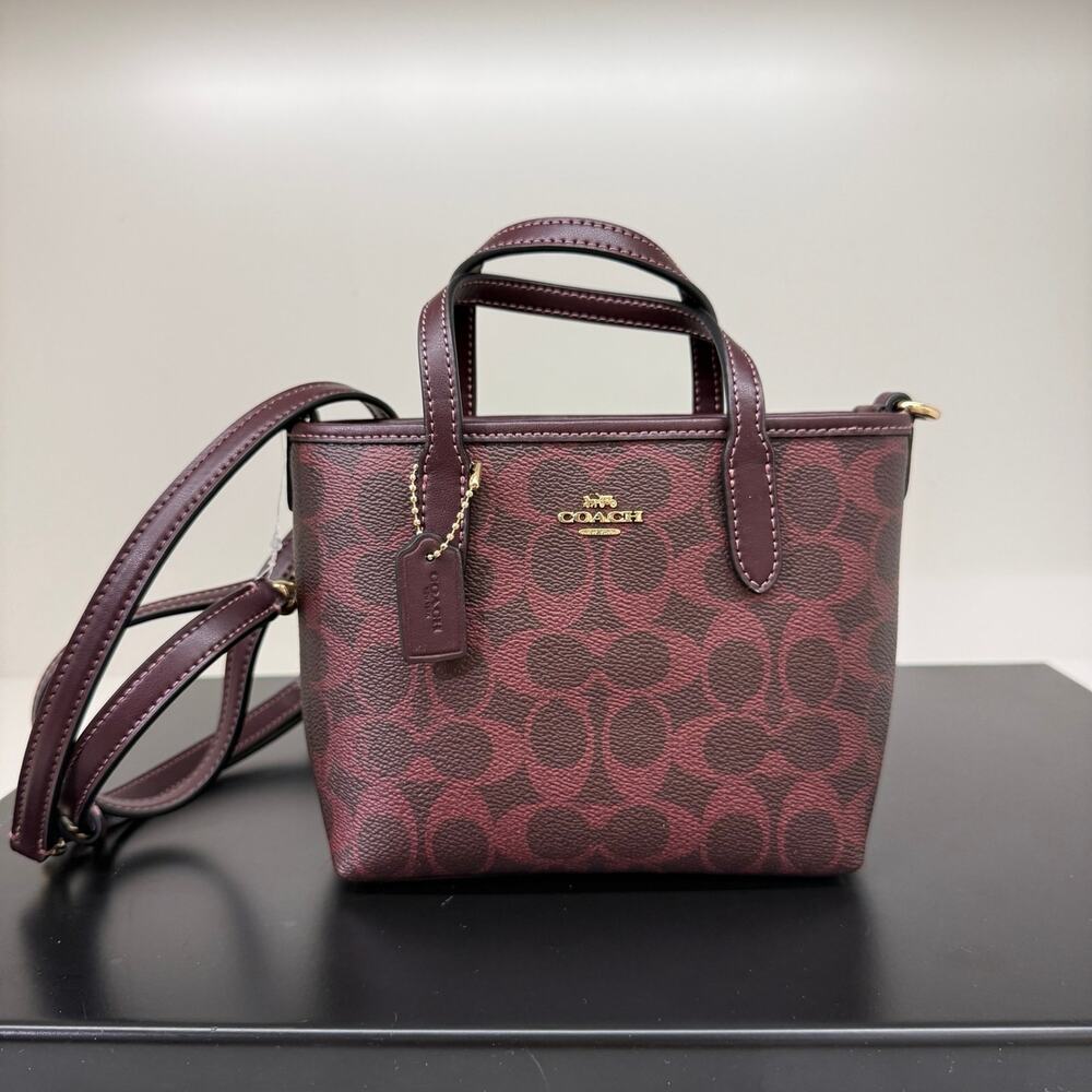 New‼️Coach Crossbody City Mini Tote Bag Signature Canvas CW032 Black Currant